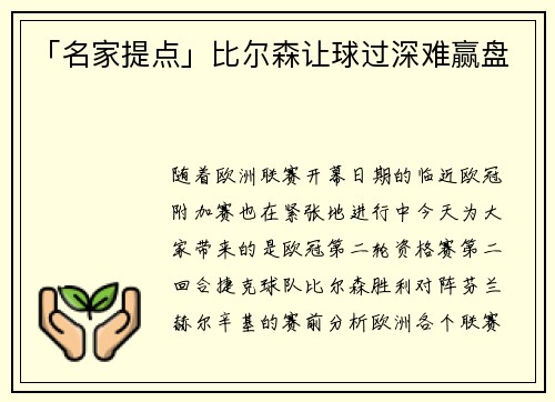 「名家提点」比尔森让球过深难赢盘